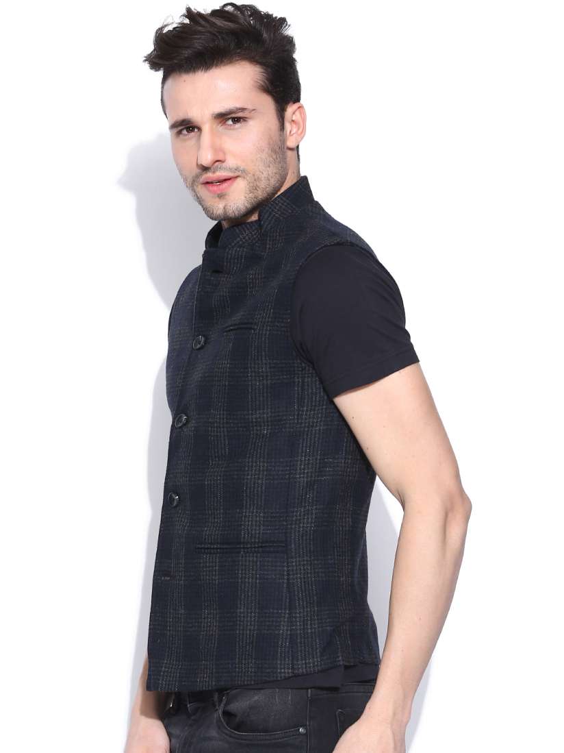Buy NU ECO by Numero Uno Navy Grey Checked Nehru Jacket Jackets for Men 1058125 Myntra