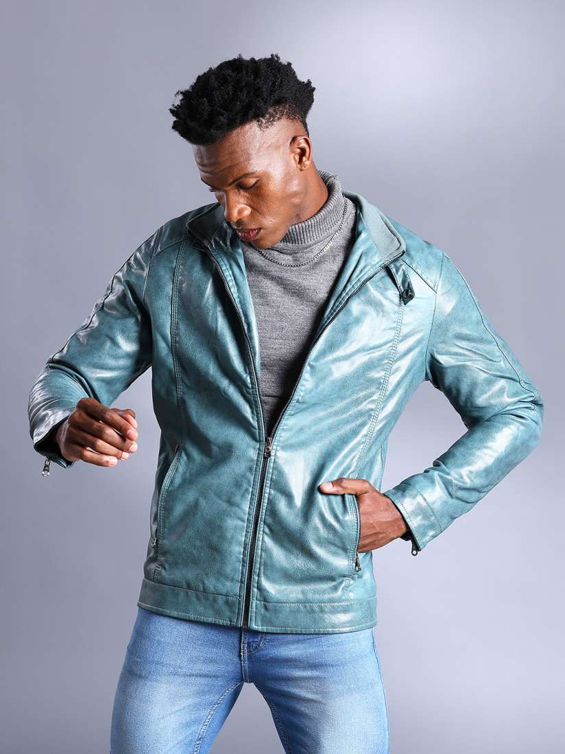 Buy The Indian Garage Co Men Teal Green Solid Biker Jacket Jackets for Men 10604644 Myntra