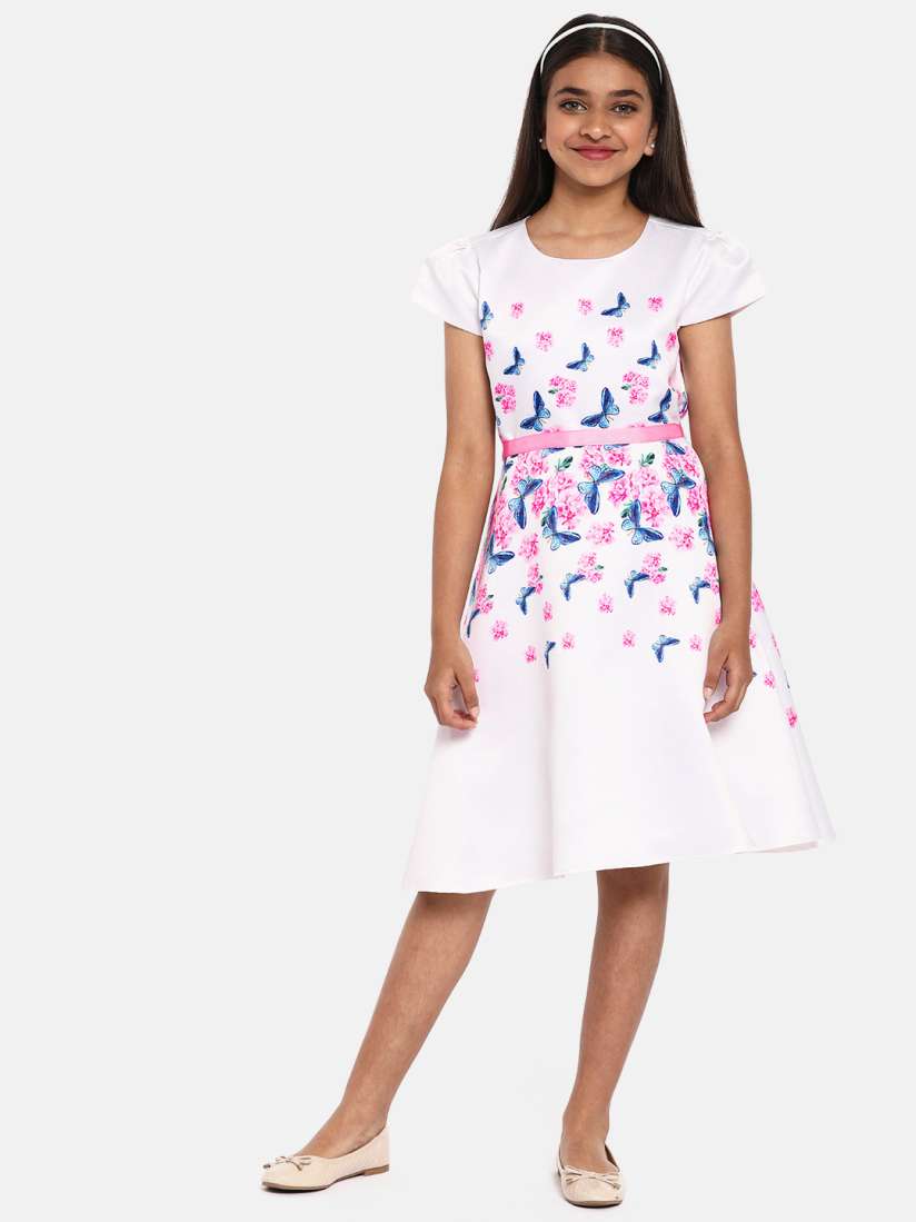 Buy YK Girls White Pink Butterfly Printed Fit and Flare Satin Dress Dresses for Girls 10652634 Myntra