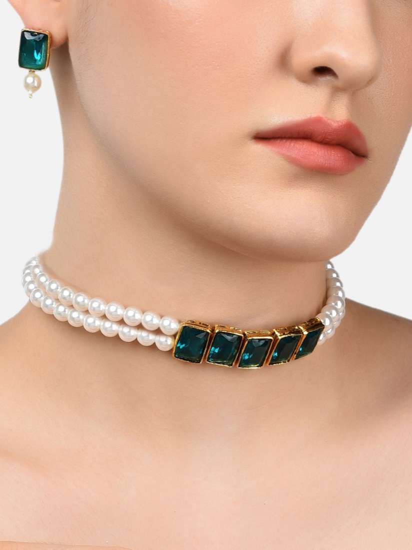 Buy Zaveri Pearls Women White Green Pearl Studded Jewellery Set Jewellery Set for Women 10665596 Myntra