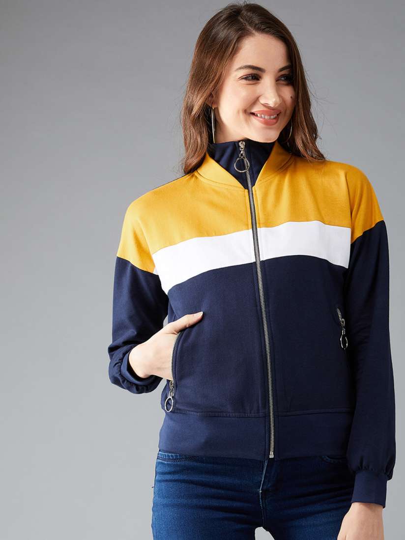 Buy DOLCE CRUDO Women Navy Blue Yellow Colourblocked Bomber Jacket Jackets for Women 10676492 Myntra