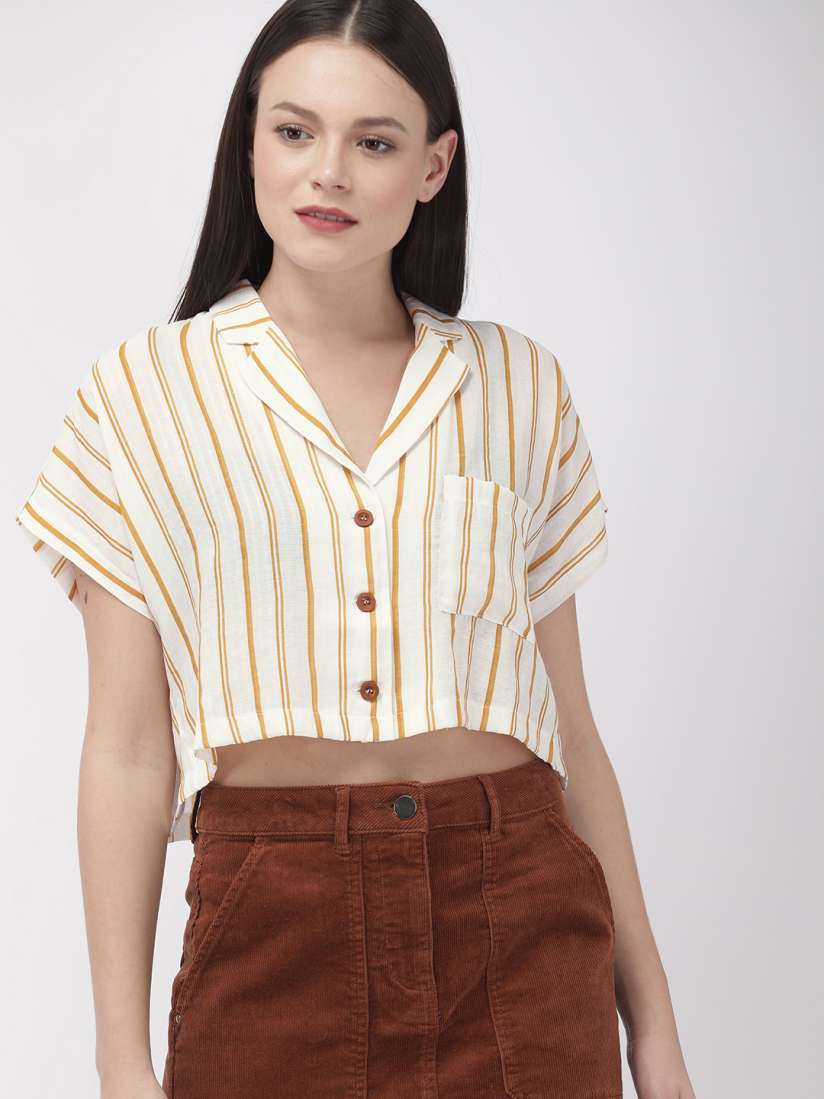 Buy FOREVER 21 Women Cream Coloured Striped Mustard Yellow Cropped Shirt Style Top Tops for Women 10681878 Myntra
