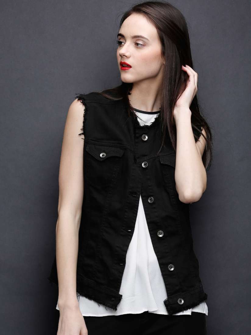 Buy Rinascimento Black Sleeveless Denim Jacket Jackets for Women 1068686 Myntra