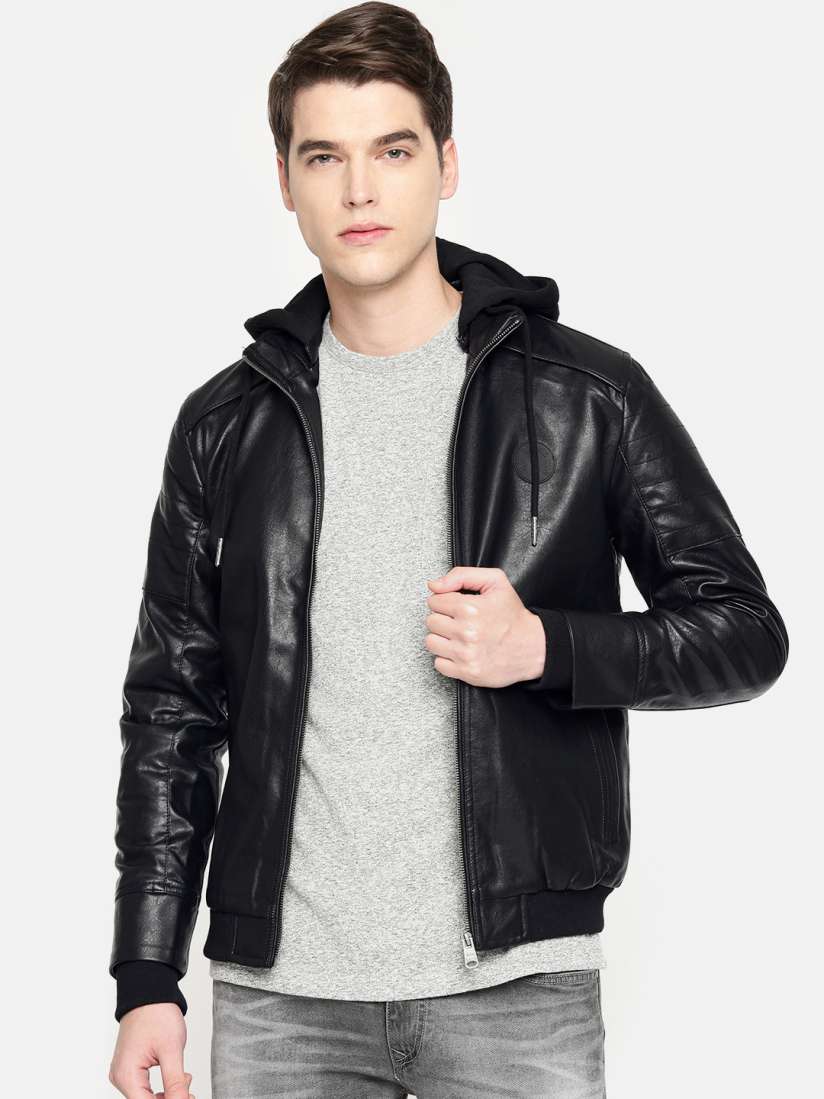 Mens black bomber jacket with hood outlet