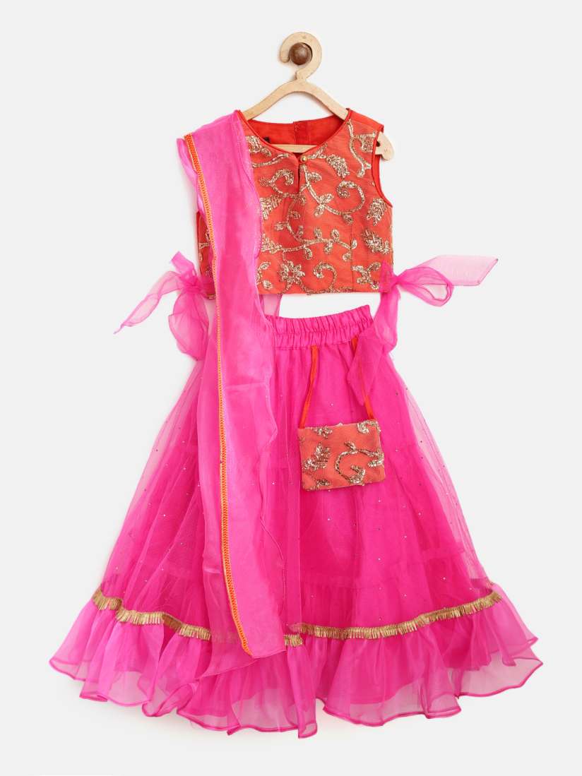 Buy pspeaches Girls Pink Orange Embellished Ready to Wear Lehenga Blouse with Dupatta Lehenga Choli for Girls 10704868 Myntra