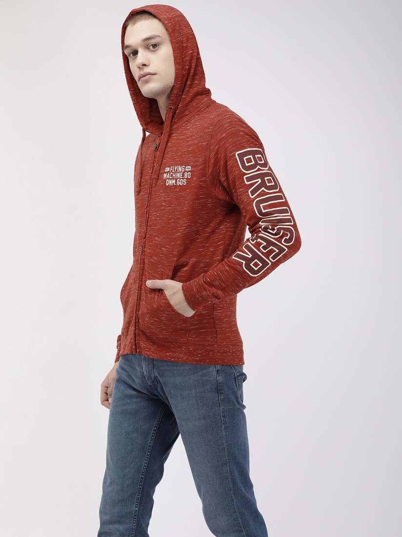 Buy Flying Machine Men Red Solid Hooded Sweatshirt With Printed Sleeves Sweatshirts for Men 10725912 Myntra