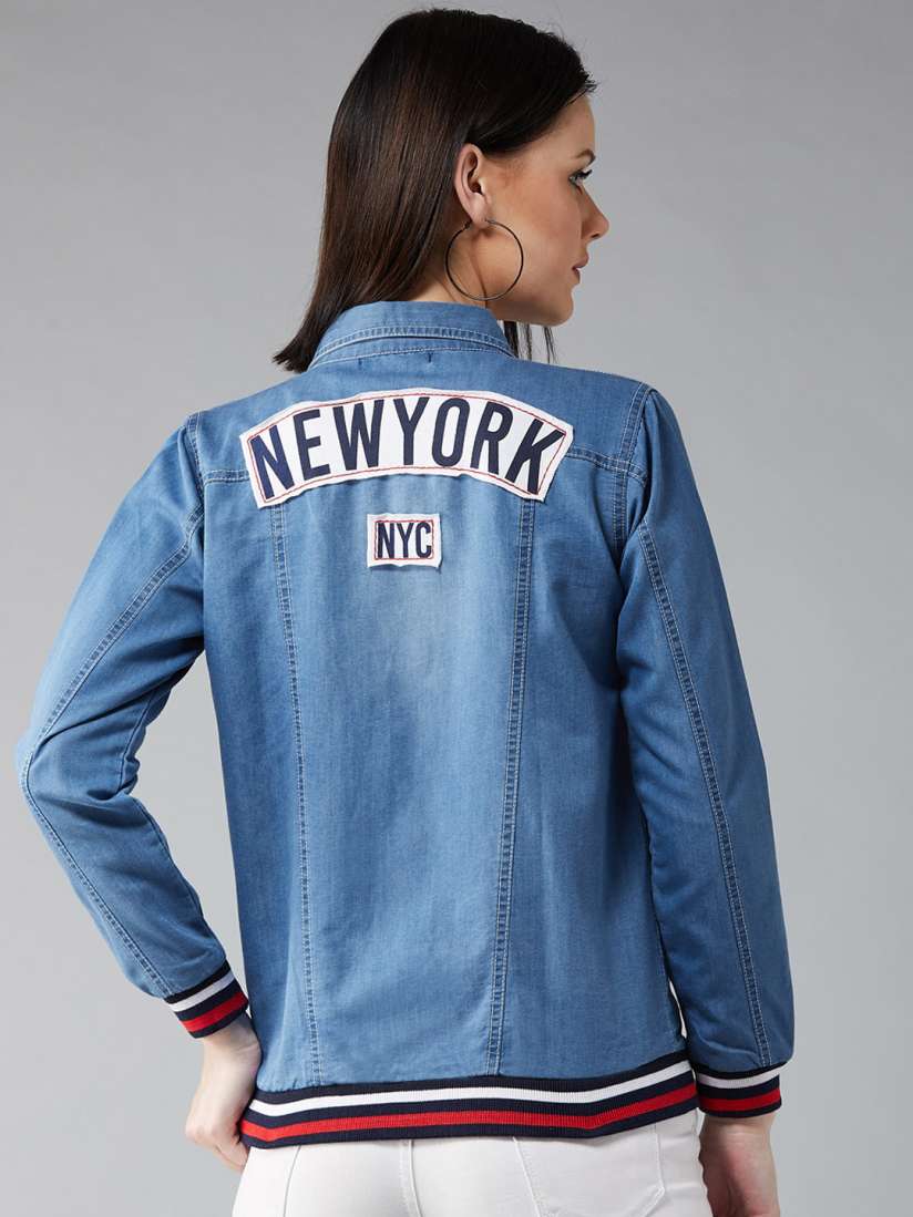 Buy DOLCE CRUDO Women Blue Striped Denim Jacket Jackets for Women 10728894 Myntra