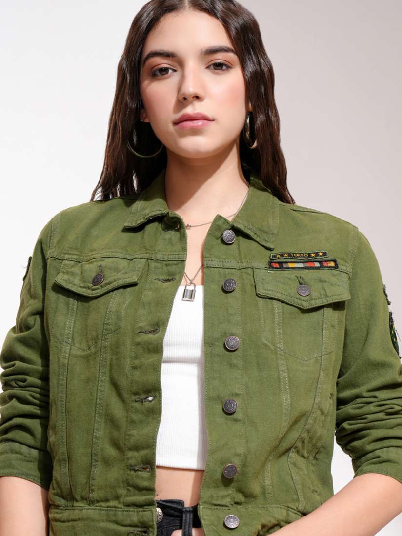 Buy Tokyo Talkies Women Olive Green Solid Denim Jacket Jackets for Women 10742384 Myntra