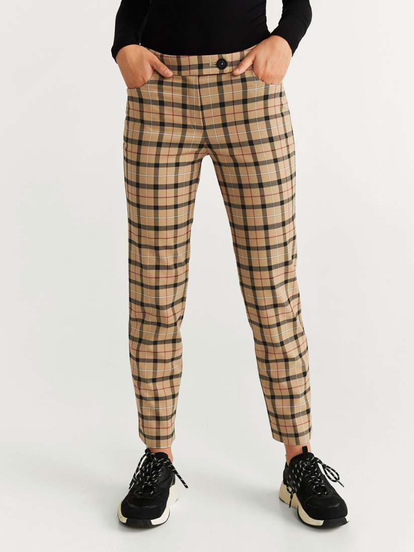 Buy MANGO Women Beige Black Checked Cropped Regular Trousers Trousers for Women 10772972 Myntra