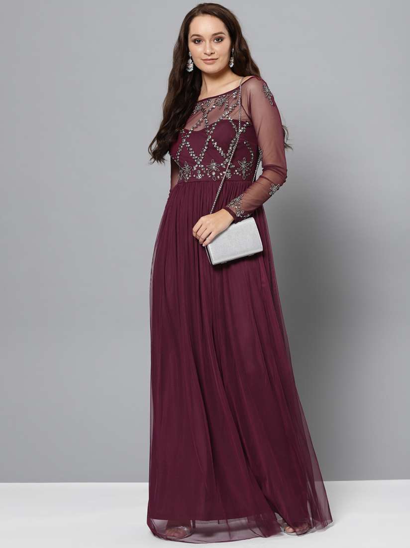 Burgundy embellished maxi dress discount