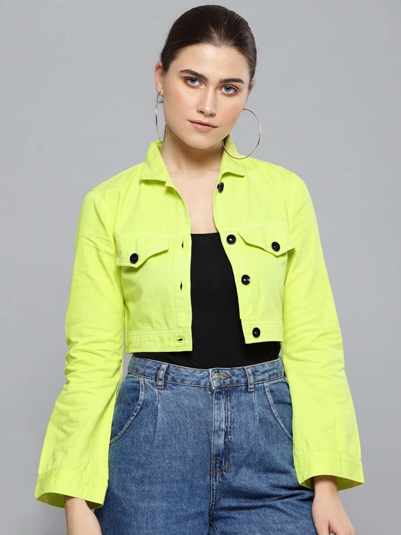 Neon green cropped denim jacket new arrivals