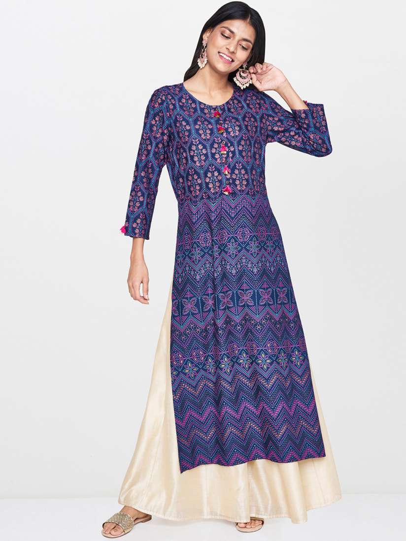 Buy Global Desi Women Blue Pink Printed Straight High Slight Kurta Kurtas for Women 10789376 Myntra