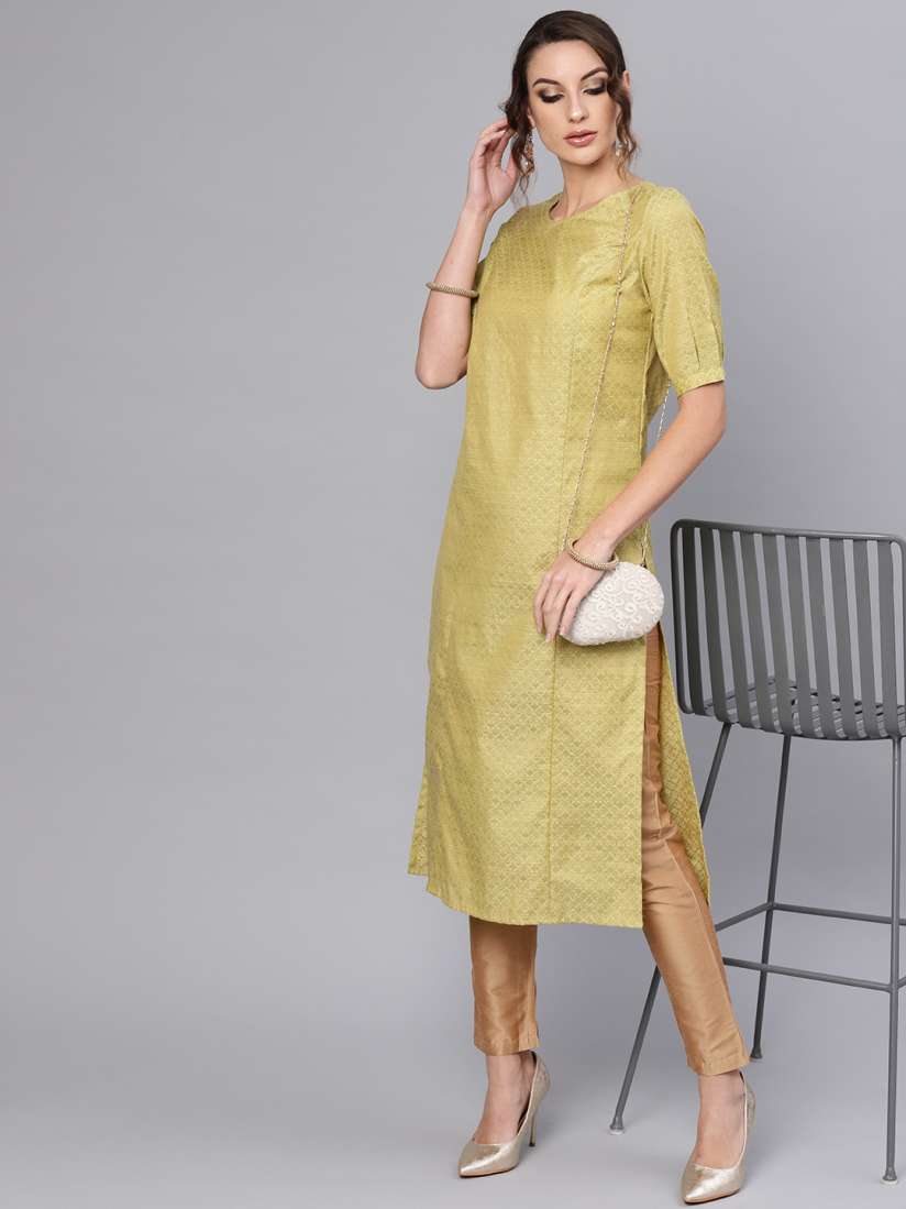 Buy AKS Women Green Golden Woven Design Straight Kurta Kurtas for Women 10802964 Myntra
