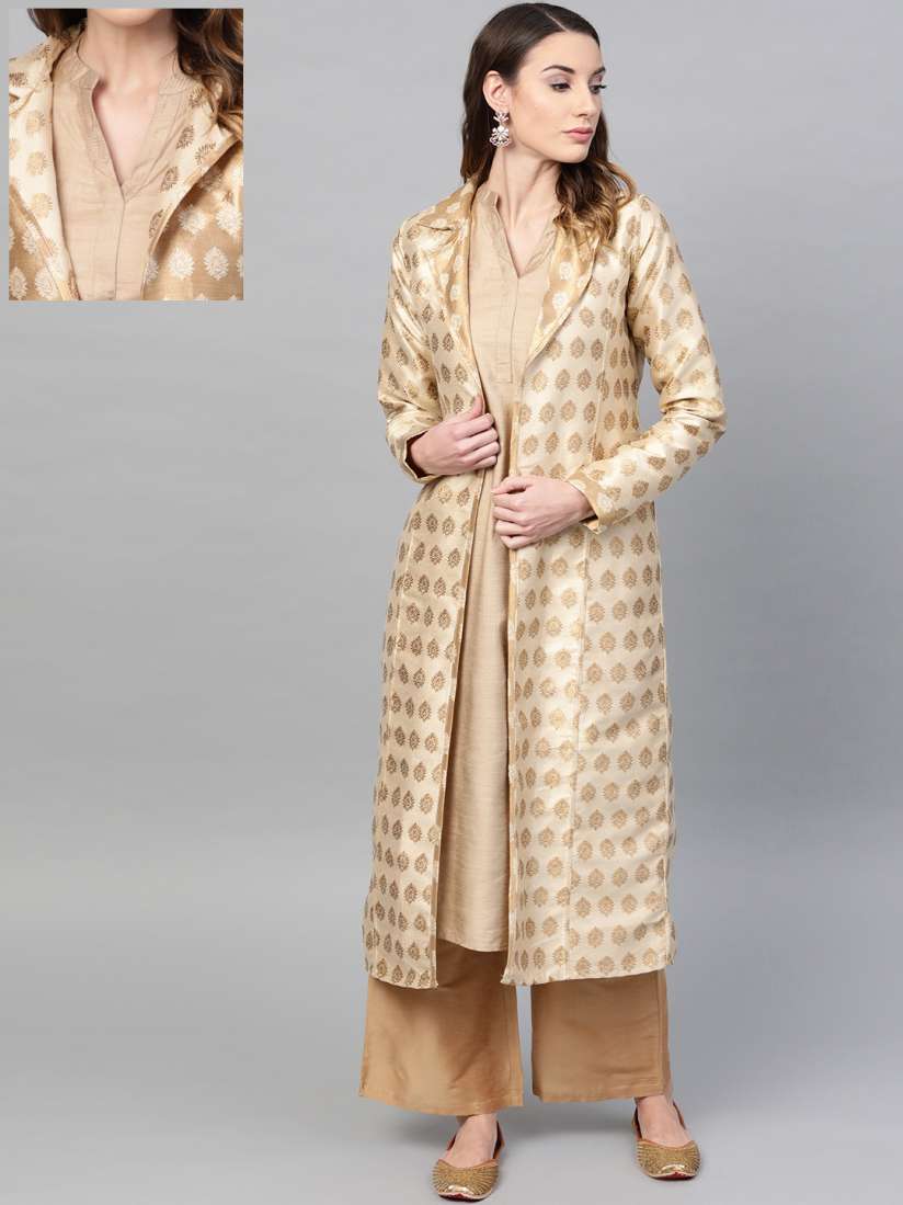 Buy AKS Off White Golden Woven Design Brocade Reversible Longline Open Front Ethnic Jacket Jackets for Women 10803090 Myntra