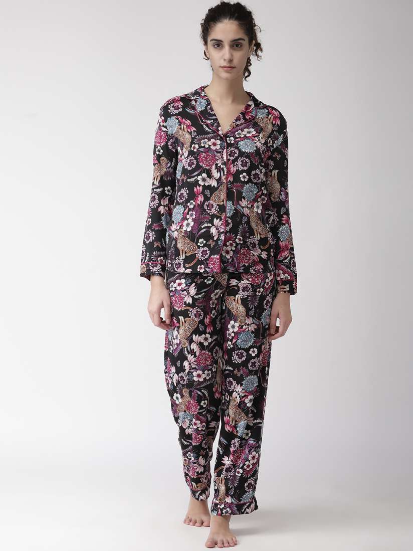 Buy Marks Spencer Women Black Pink Printed Night Suit with Satin Finish Night suits for Women 10814924 Myntra