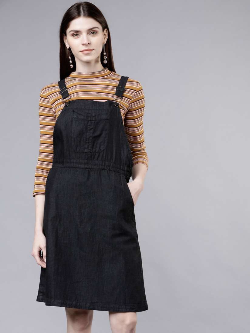 Ladies black denim pinafore dress new arrivals