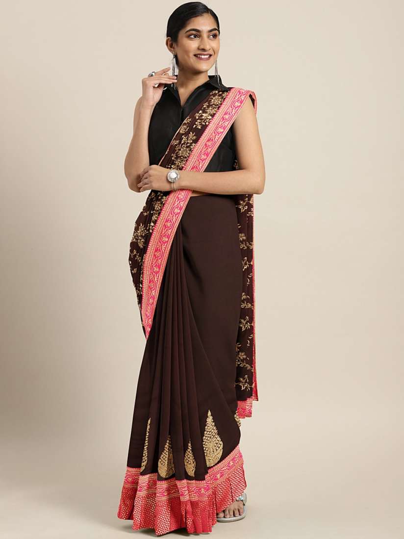 Buy The Chennai Silks Classicate Coffee Brown Pink Embroidered Half Half Banarasi Saree Sarees for Women 10850656 Myntra