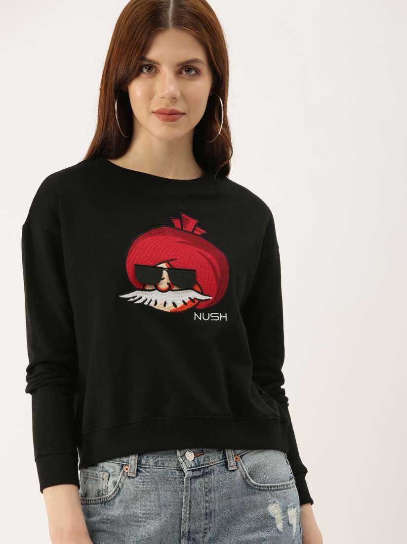 Buy NUSH Women Black Embroidered Sweatshirt Sweatshirts for Women 10855292 Myntra