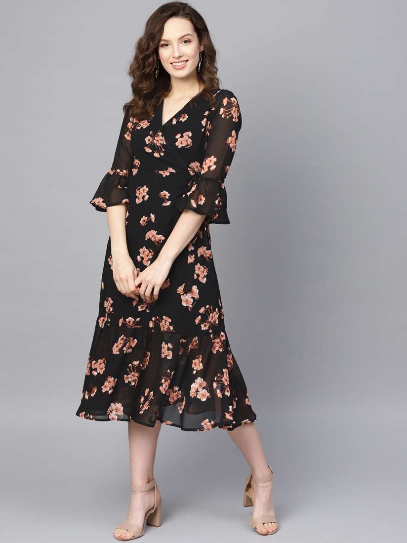 Buy SASSAFRAS Black Pink Floral Printed Wrap Dress Dresses for Women 10856160 Myntra