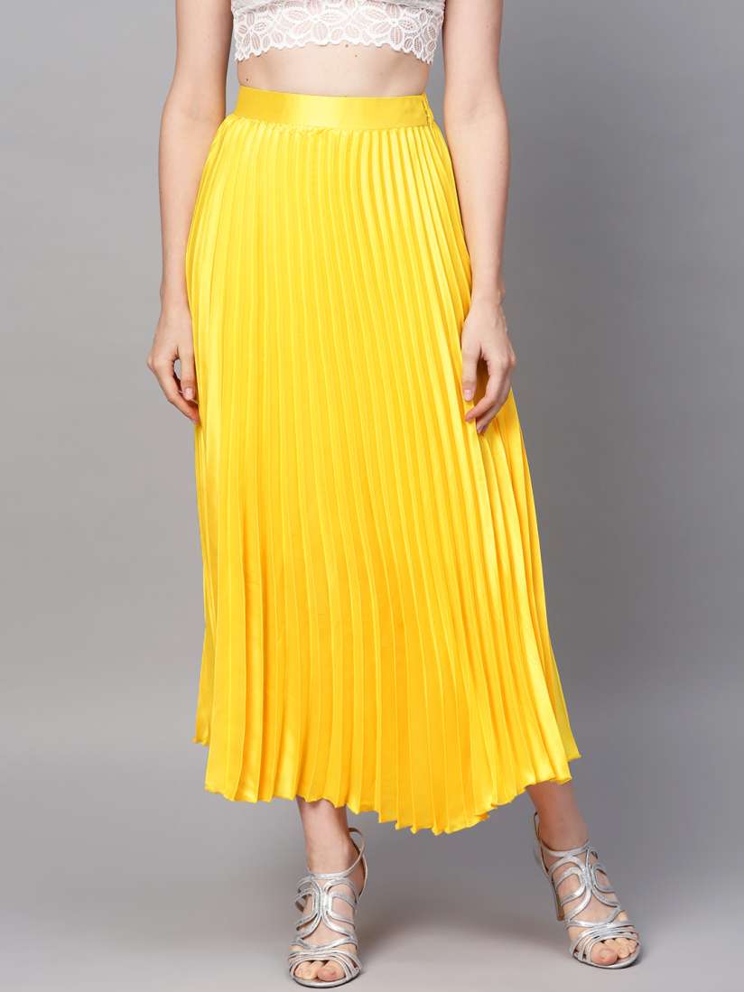 Buy SASSAFRAS Yellow Accordian Pleated Satin Finish Maxi Flared Skirt Skirts for Women 10861466 Myntra