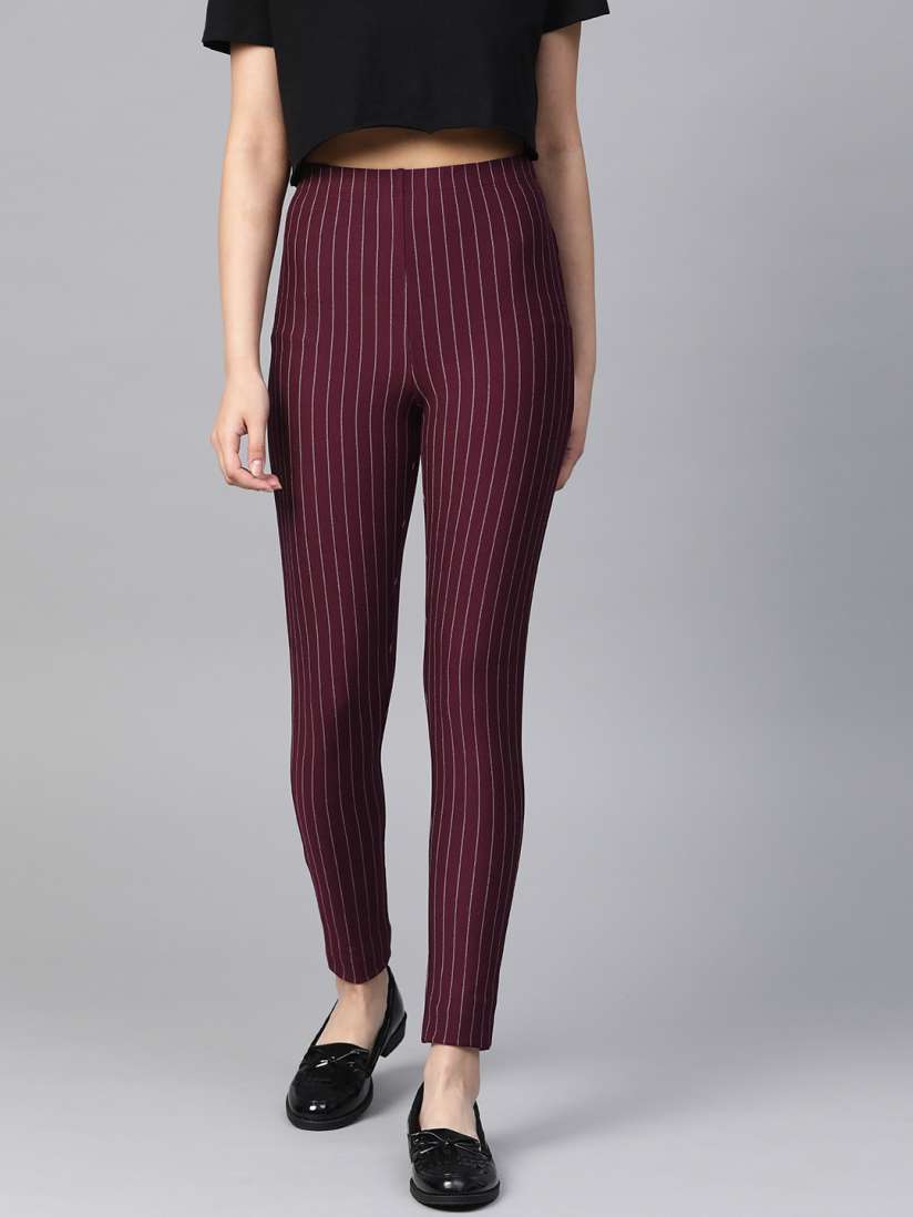 Buy FOREVER 21 Women Burgundy Off White Striped Treggings Jeggings for Women 10863838 Myntra