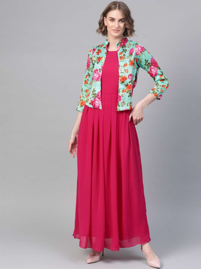 Buy Athena Women Magenta Green Solid Maxi Dress with Printed Attached Jacket Dresses for Women 10923742 Myntra