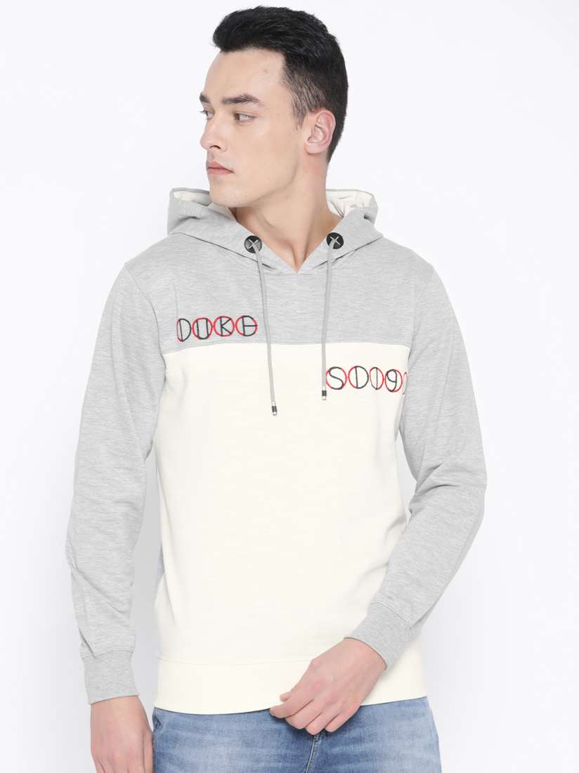 Buy Duke Men Off White Grey Melange Colourblocked Hooded Sweatshirt Sweatshirts for Men 10925936 Myntra