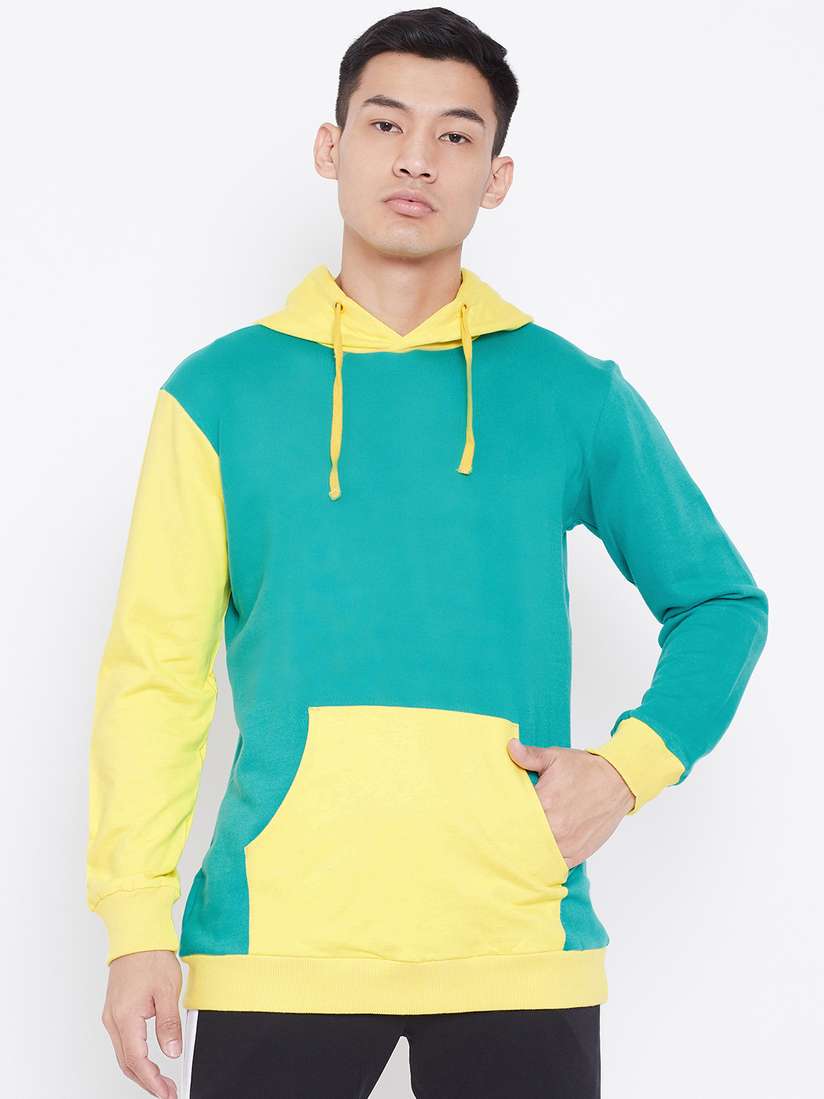 Buy Aesthetic Bodies Men Yellow Teal Green Colourblocked Hooded