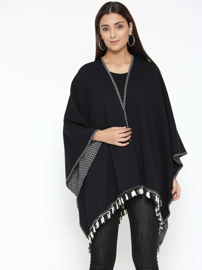 Buy Skidlers Women Black White Self Design Open Front Reversible Cape Shrug Shrug for Women 10942760 Myntra