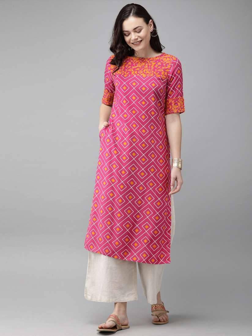 Buy Anouk Women Pink Mustard Yellow Printed Straight Kurta Kurtas for Women 10960698 Myntra
