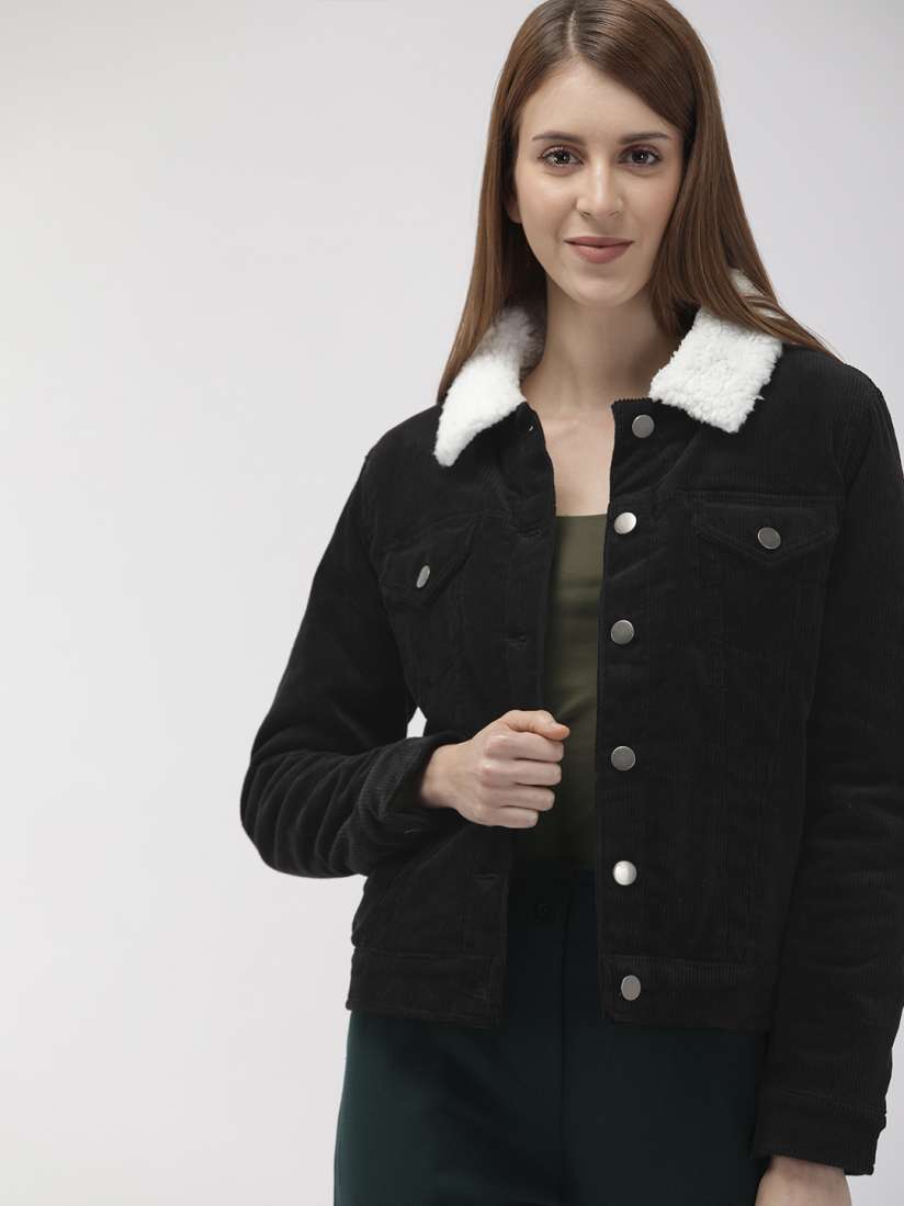 Buy FOREVER 21 Women Black Solid Corduroy Faux Fur Tailored Jacket Jackets for Women 10989424 Myntra