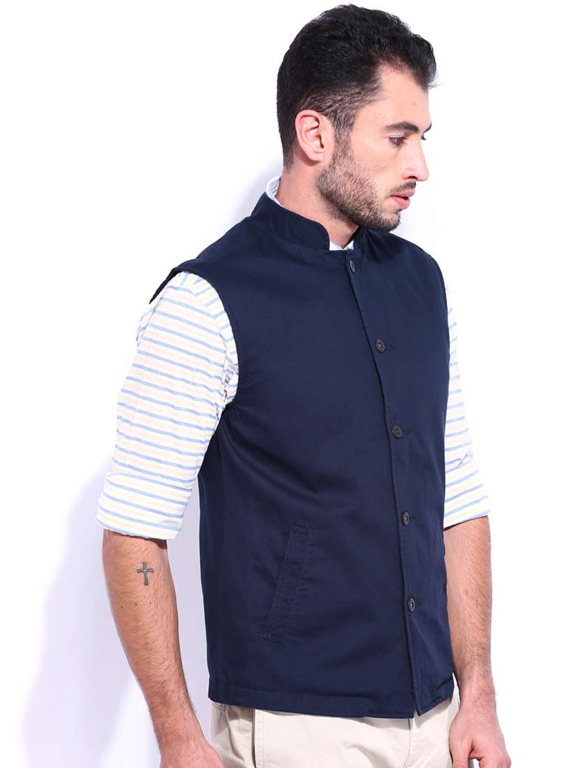 Buy Indian Terrain Navy Sleeveless Nehru Jacket Jackets for Men 1099300 Myntra
