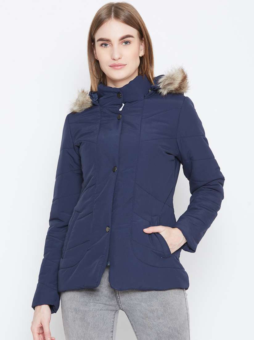 Buy Trufit Women Navy Blue Solid Insulated Detachable Hood Parka Jacket Jackets for Women 11015422 Myntra