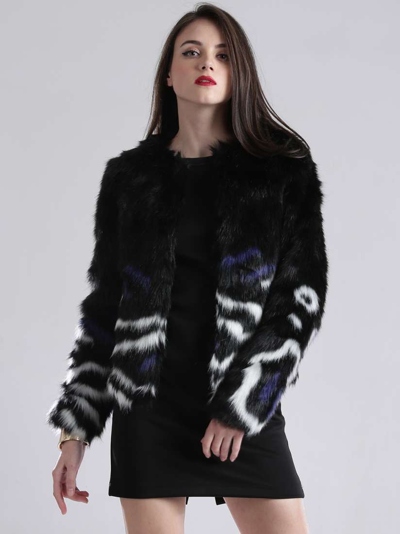 Buy GUESS Black Printed Faux Fur Jacket Jackets for Women 1102214 Myntra
