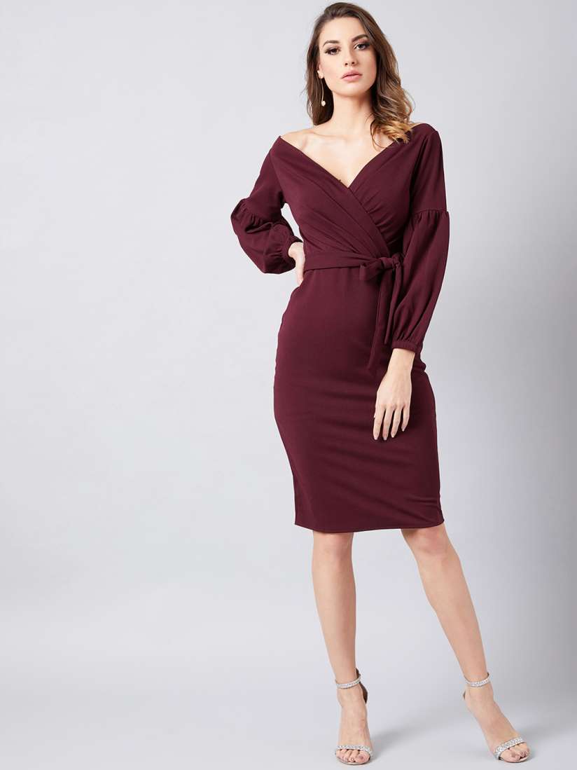 Buy Athena Dramatic Entrance Lantern Sleeve Wrap Dress in Plum Dresses for Women 11024474 Myntra