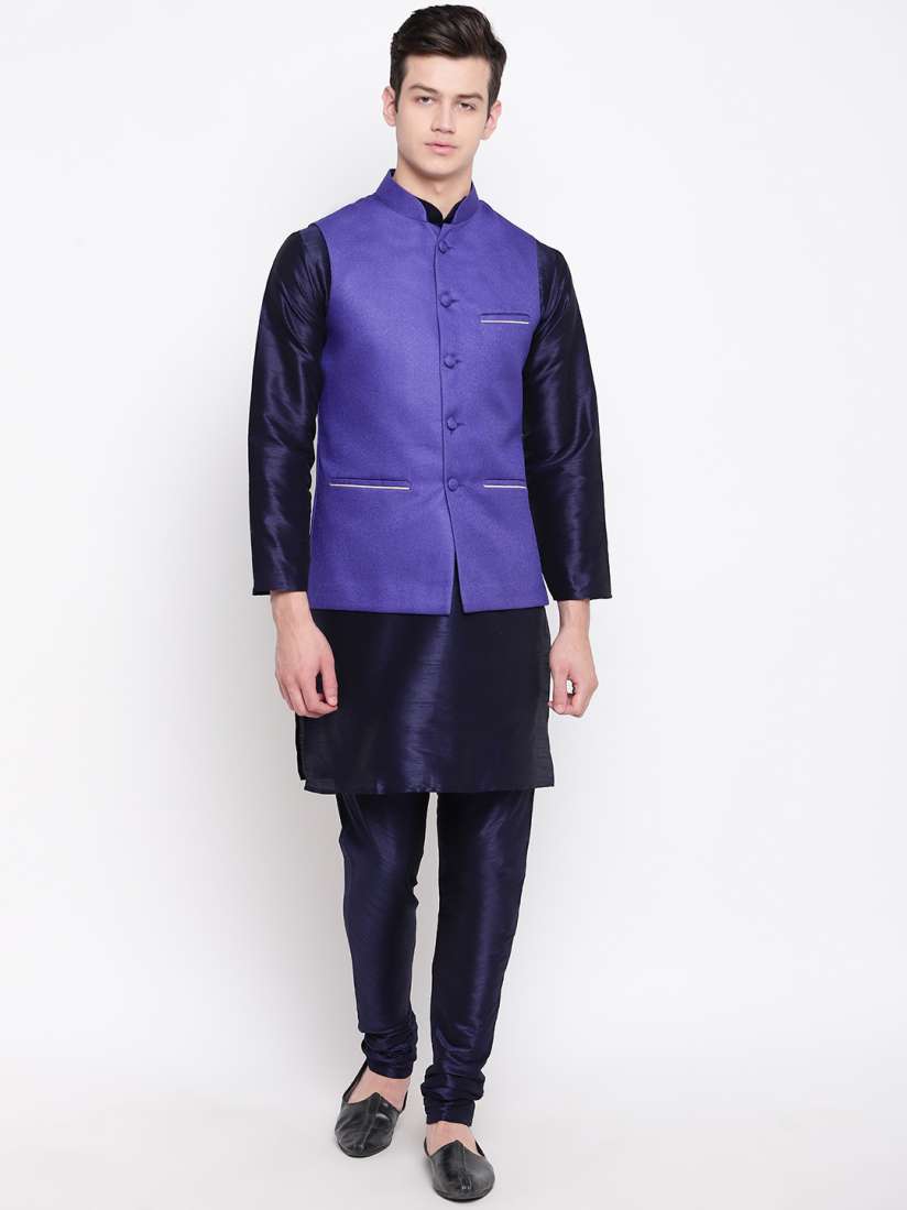 Buy MAG Men Blue Solid Kurta with Churidar Jute Nehru Jacket Kurta Sets for Men 11048032 Myntra