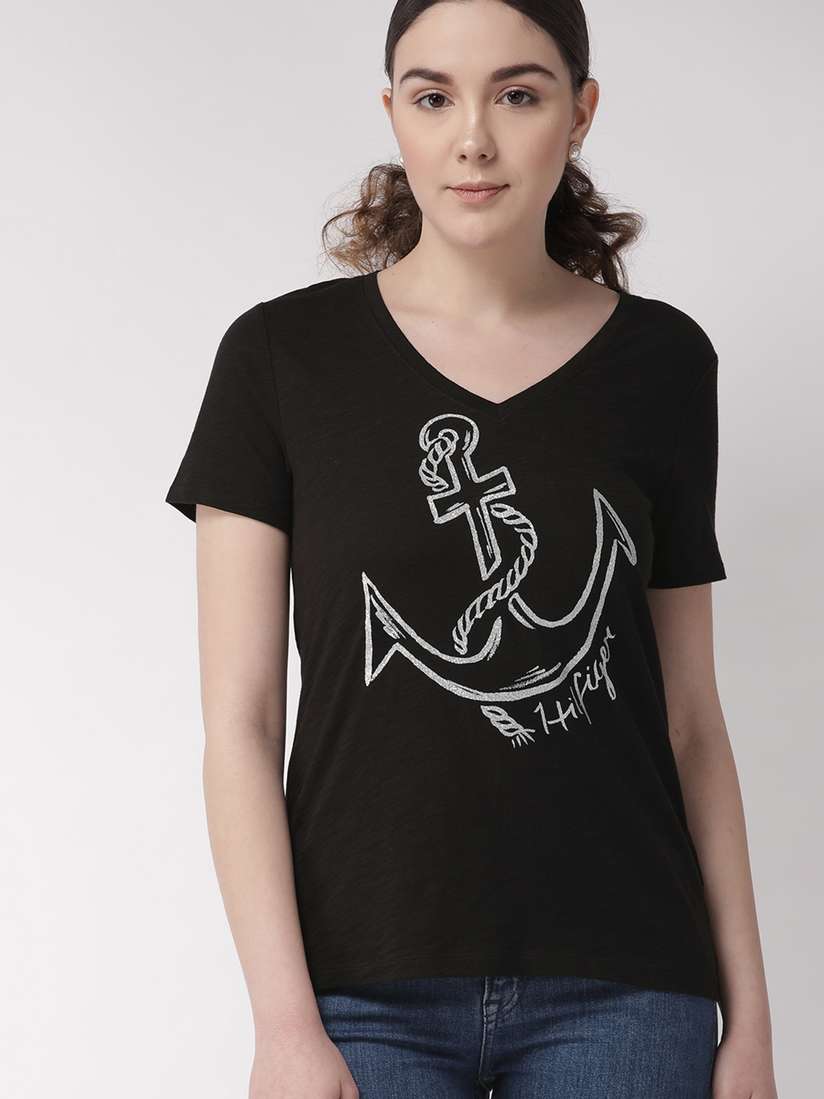 Tommy Hilfiger Women Black Silver Printed V-Neck Pure Cotton T-shirt