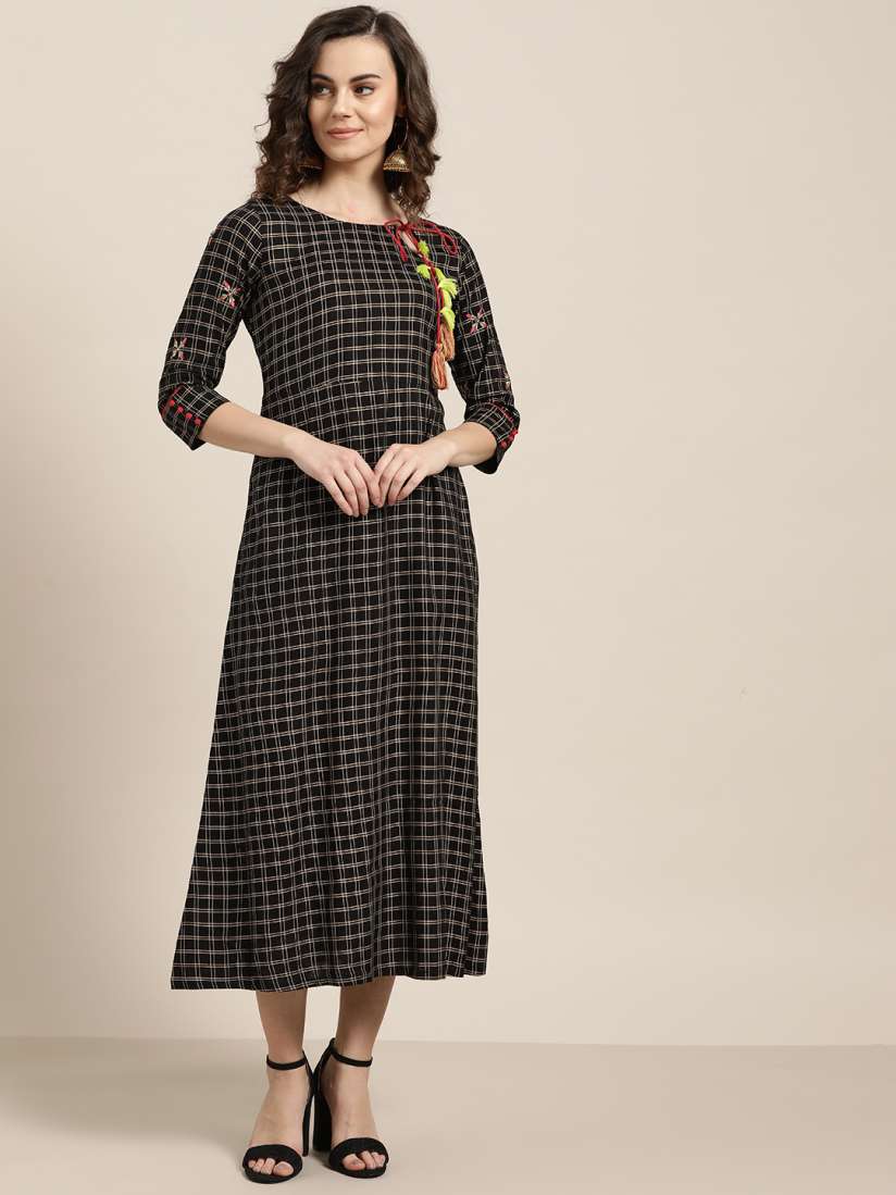 Buy Jaipur Kurti Women Black Golden Checked A Line Dress Ethnic Dresses for Women 11053962 Myntra