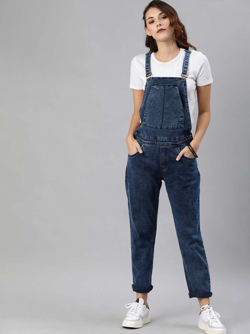 Buy The Roadster Lifestyle Co Women Blue Faded Boyfriend Fit Denim Dungaree Dungarees for Women 11118550 Myntra