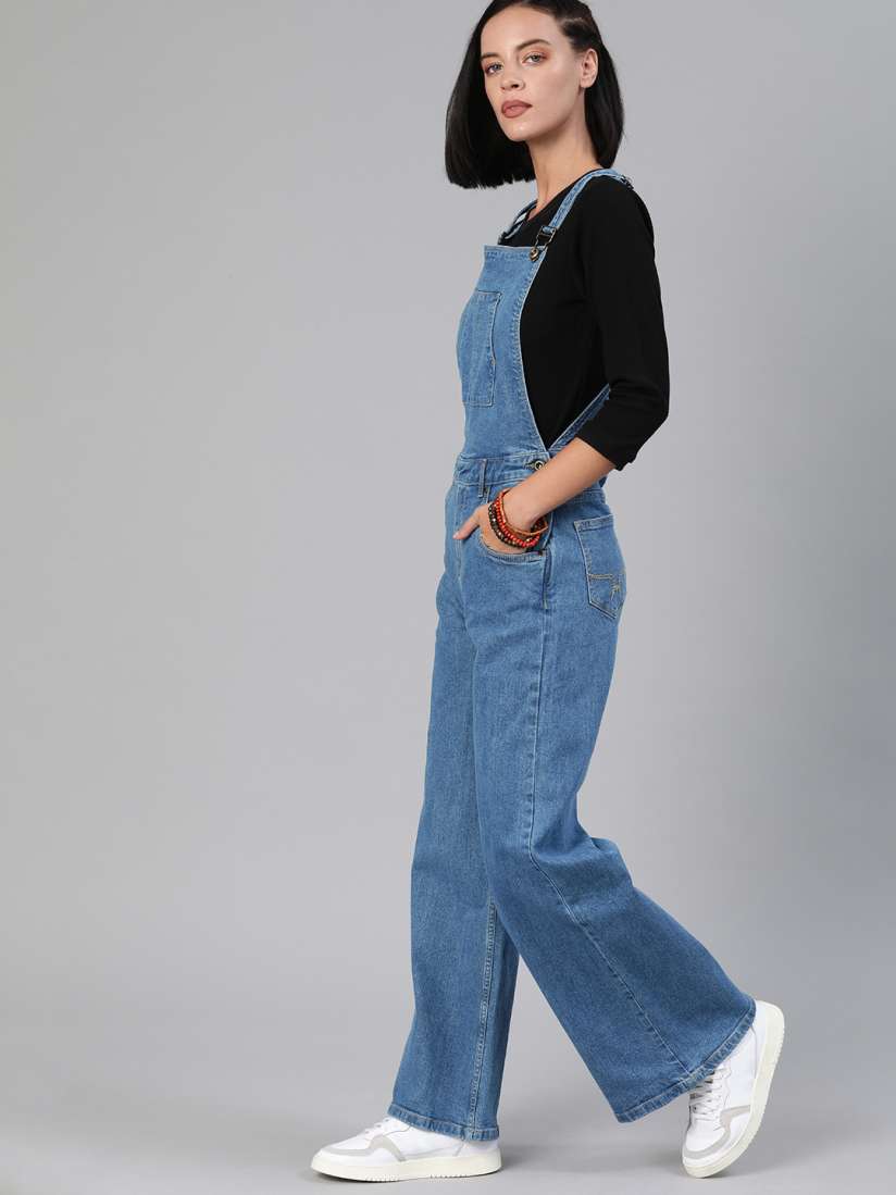 Buy Roadster Women Blue Solid Wide Leg Denim Dungarees Dungarees for Women 11119896 Myntra