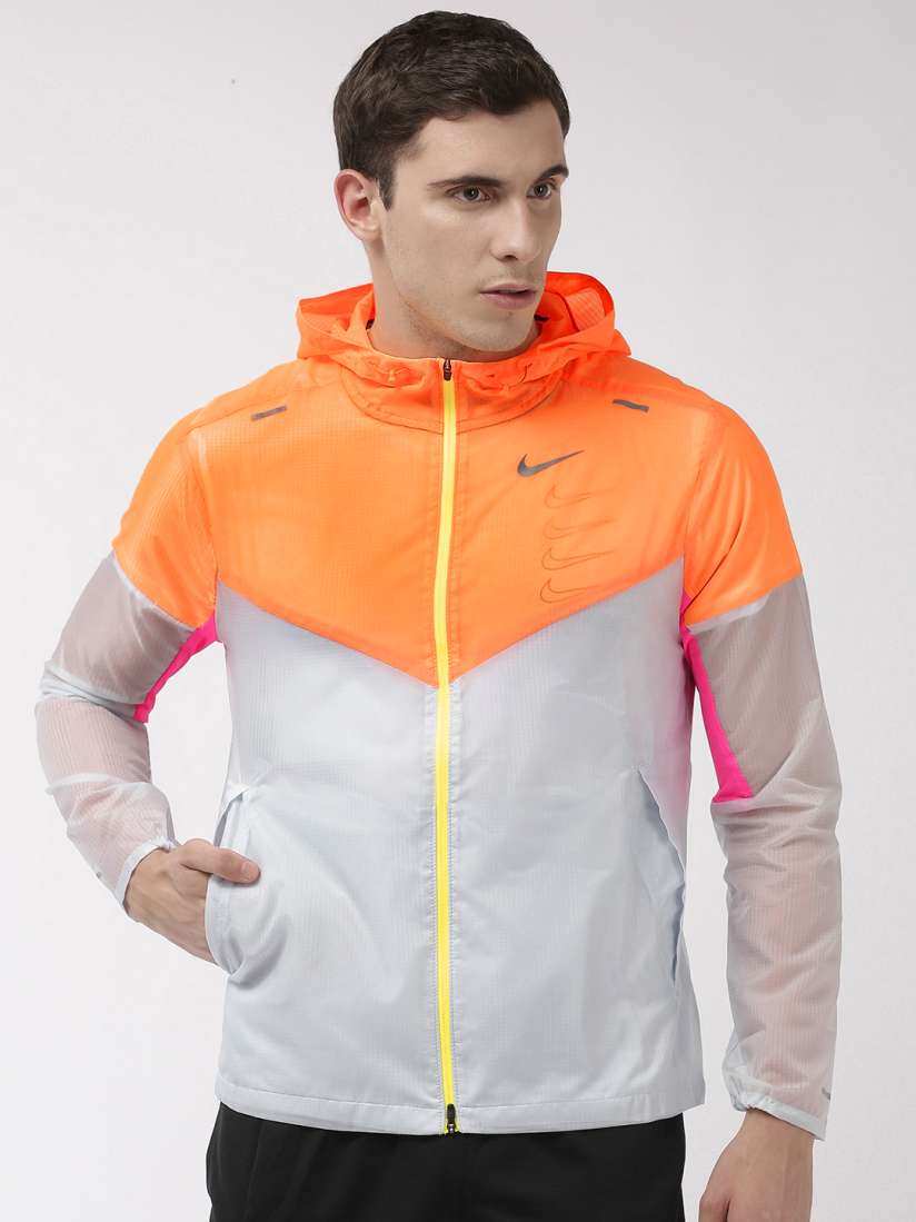 Buy Nike Men Grey Orange Colourblocked Lightweight Wind Running Sporty Jacket Jackets for Men 11127234 Myntra