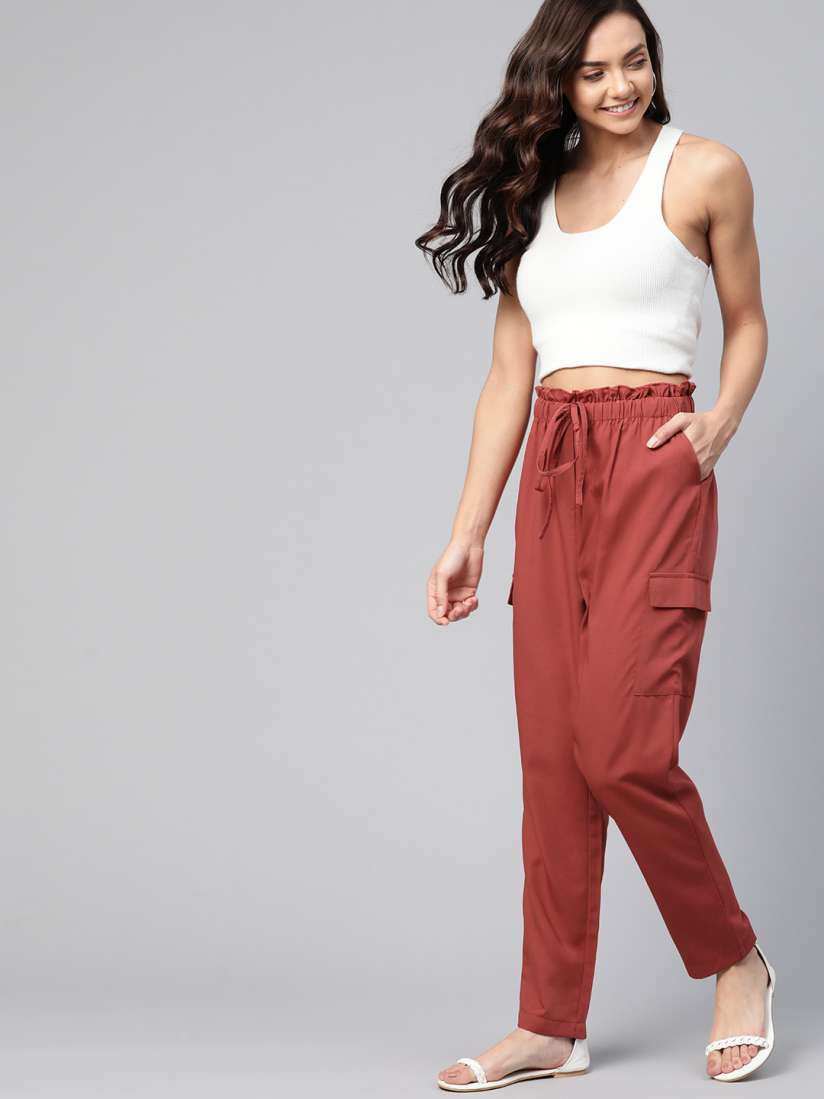 Buy Mast Harbour Women Rust Red Paper Bag Cargos Trousers for Women 11144164 Myntra