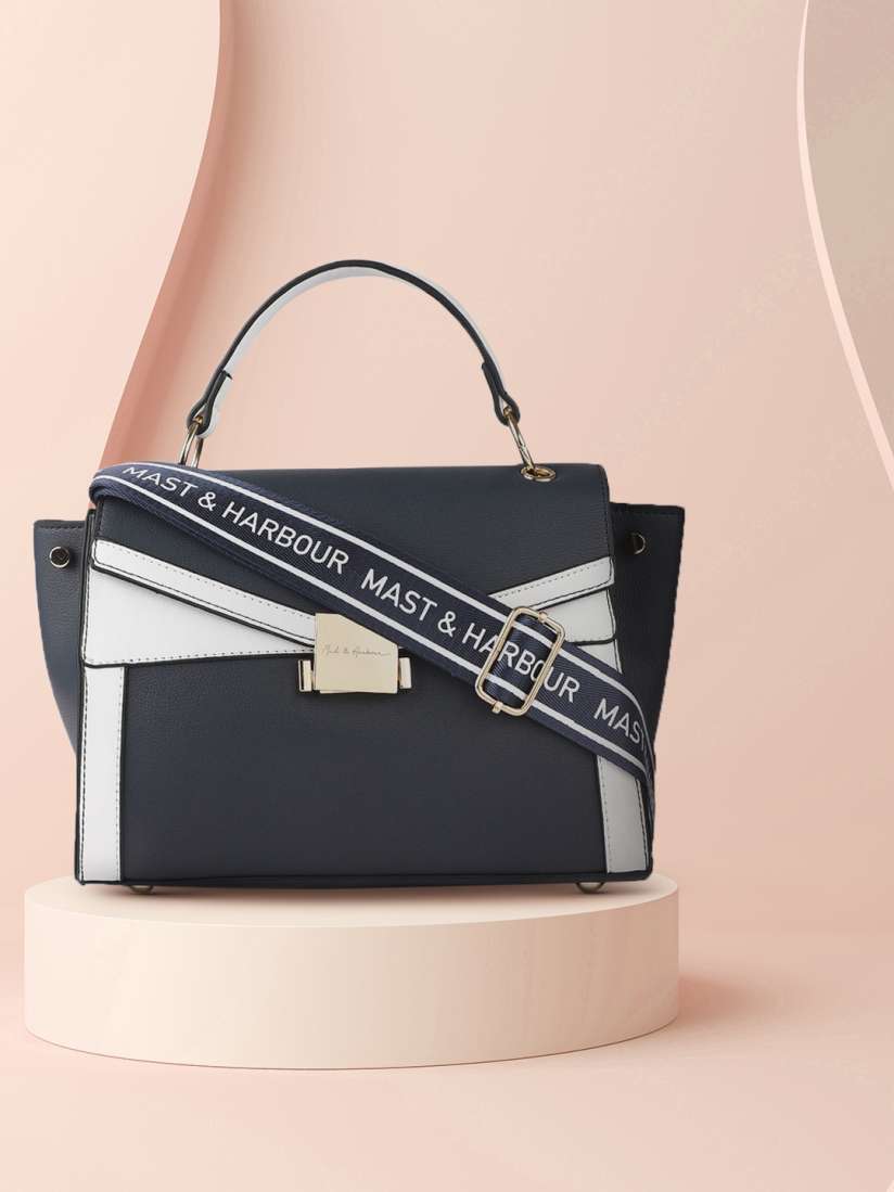 Buy Mast Harbour Navy Blue White Colourblocked Satchel Handbags for Women 11154120 Myntra