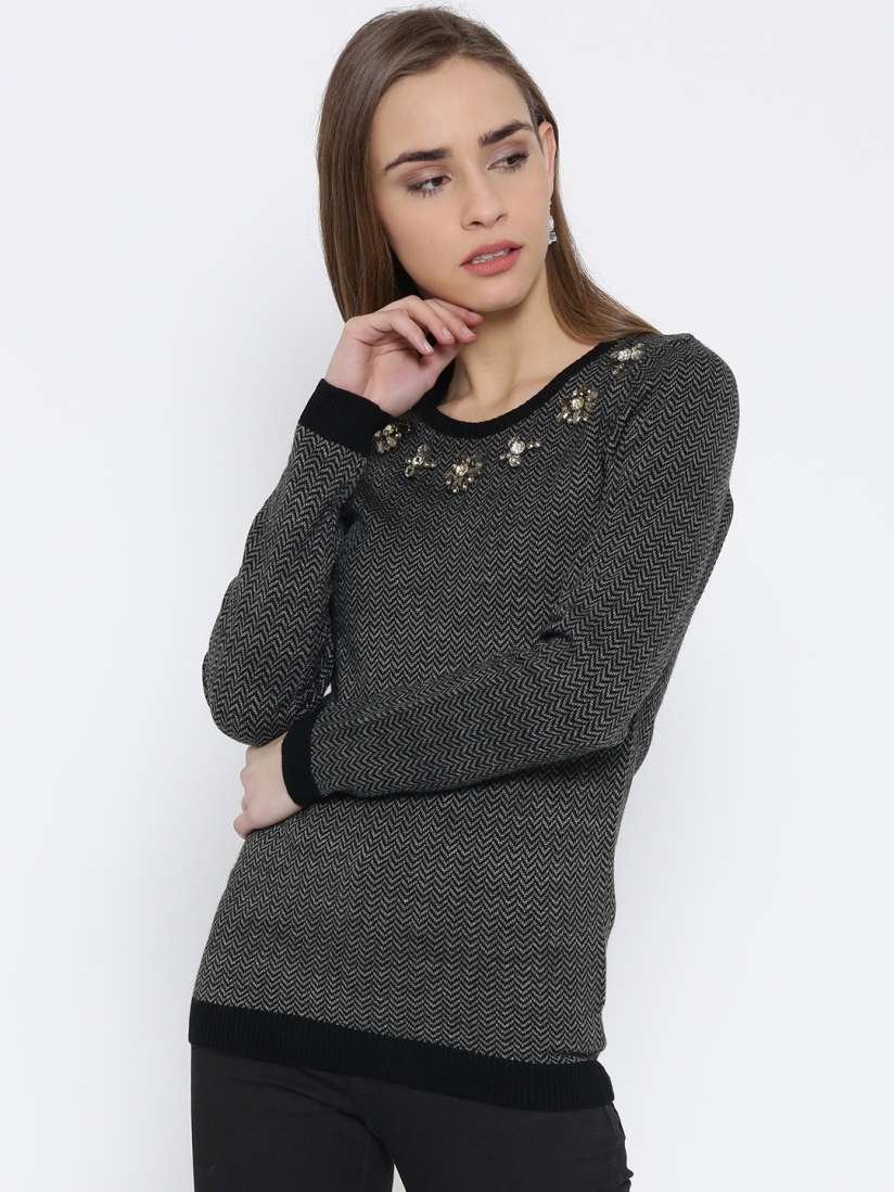 Buy Van Heusen Woman Grey Black Embellished Sweater Sweaters for Women 1115436 Myntra