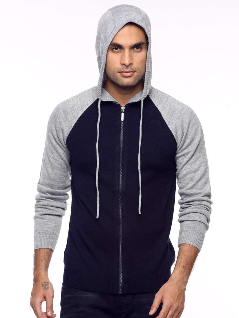 Buy Fame Forever by Lifestyle Men Navy Blue Grey Hooded Cardigan Sweaters for Men 1118743 Myntra