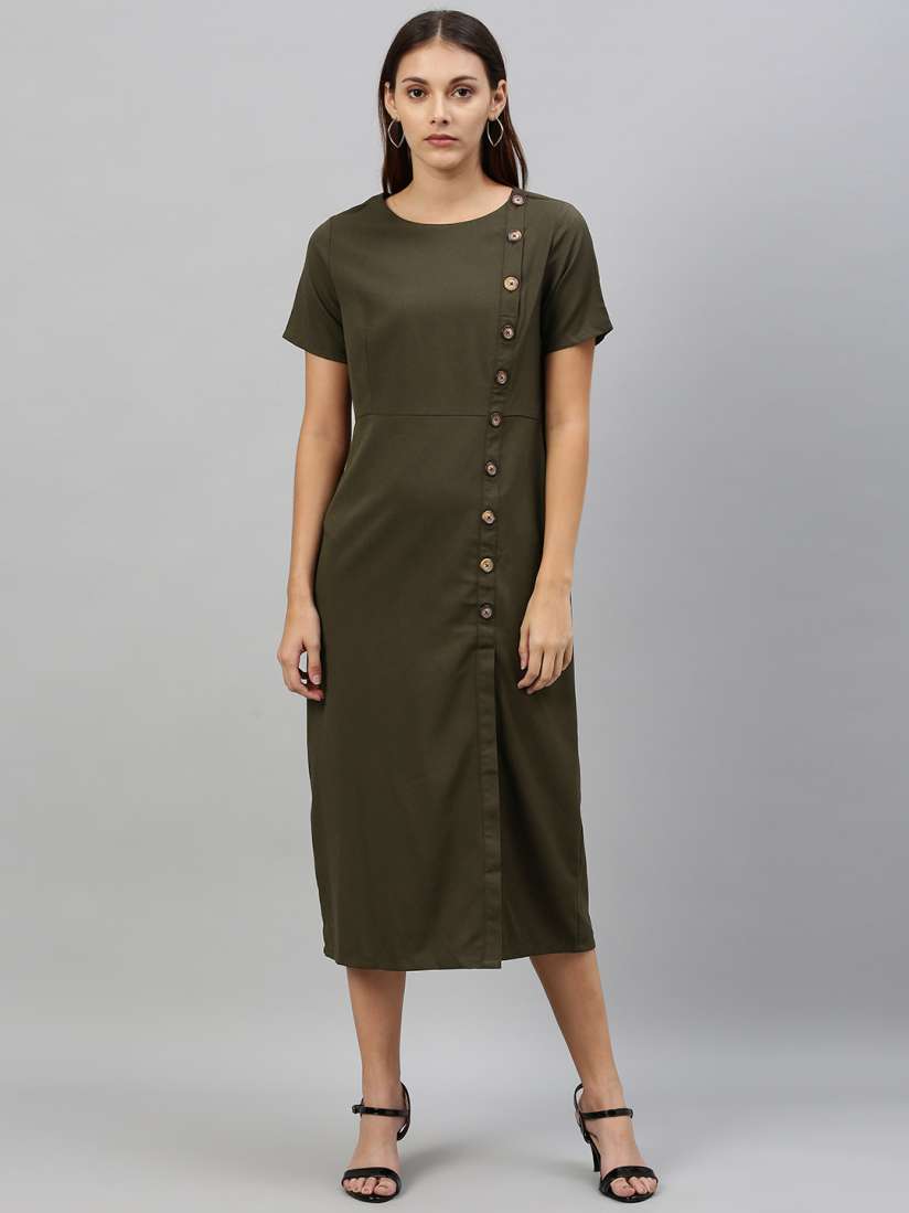 Buy her by invictus Women Olive Green Solid A Line Dress Dresses for Women 11208290 Myntra