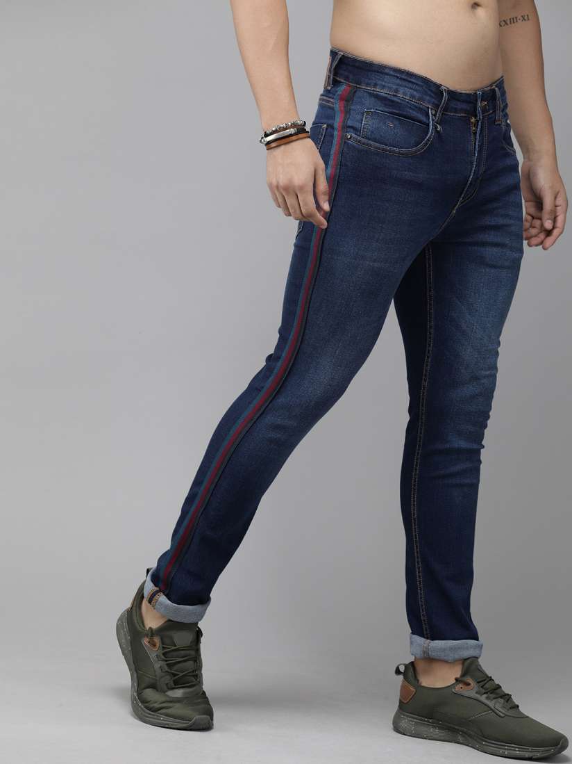 Side stripe jeans mens myntra hot sale