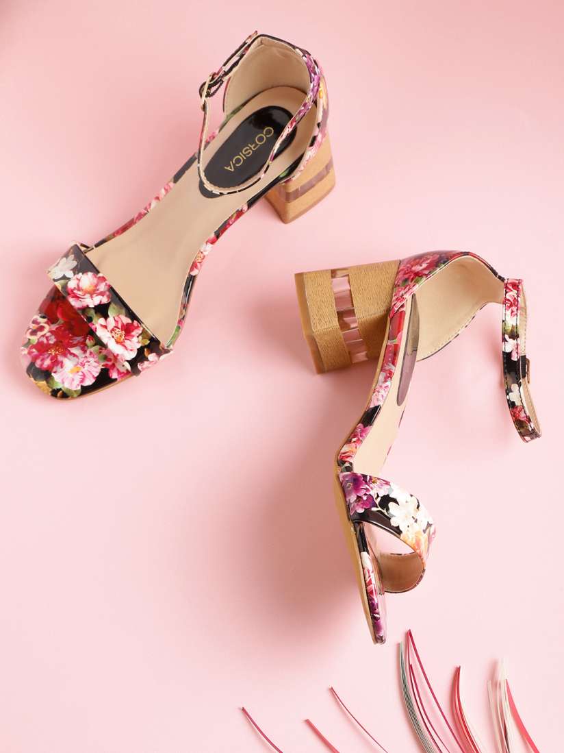 Buy CORSICA Women Black Pink Floral Print Mid Top Block Heels Heels for Women 11220784 Myntra