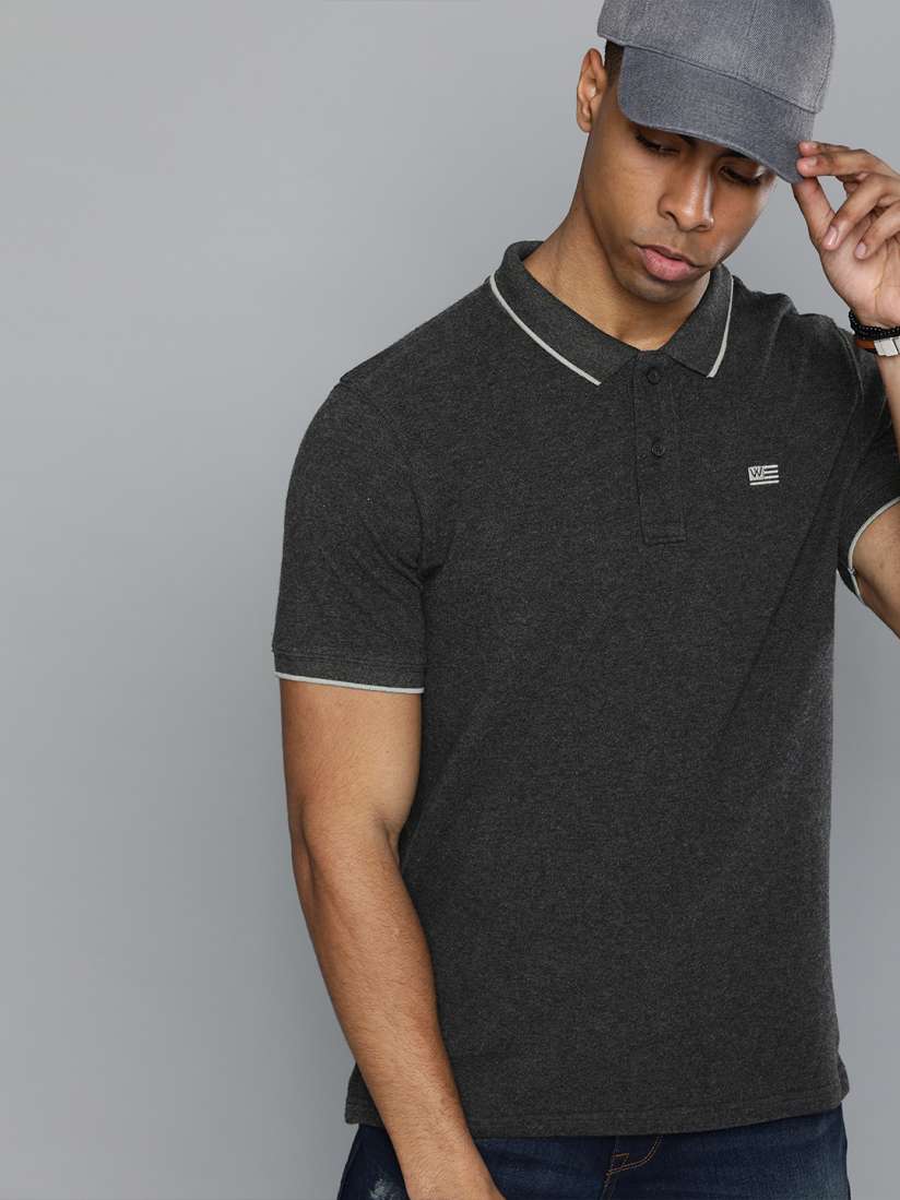 Buy Wrangler Men Charcoal Grey Solid Polo Collar Slim Fit Pure Cotton T shirt Tshirts for Men 11237440 Myntra