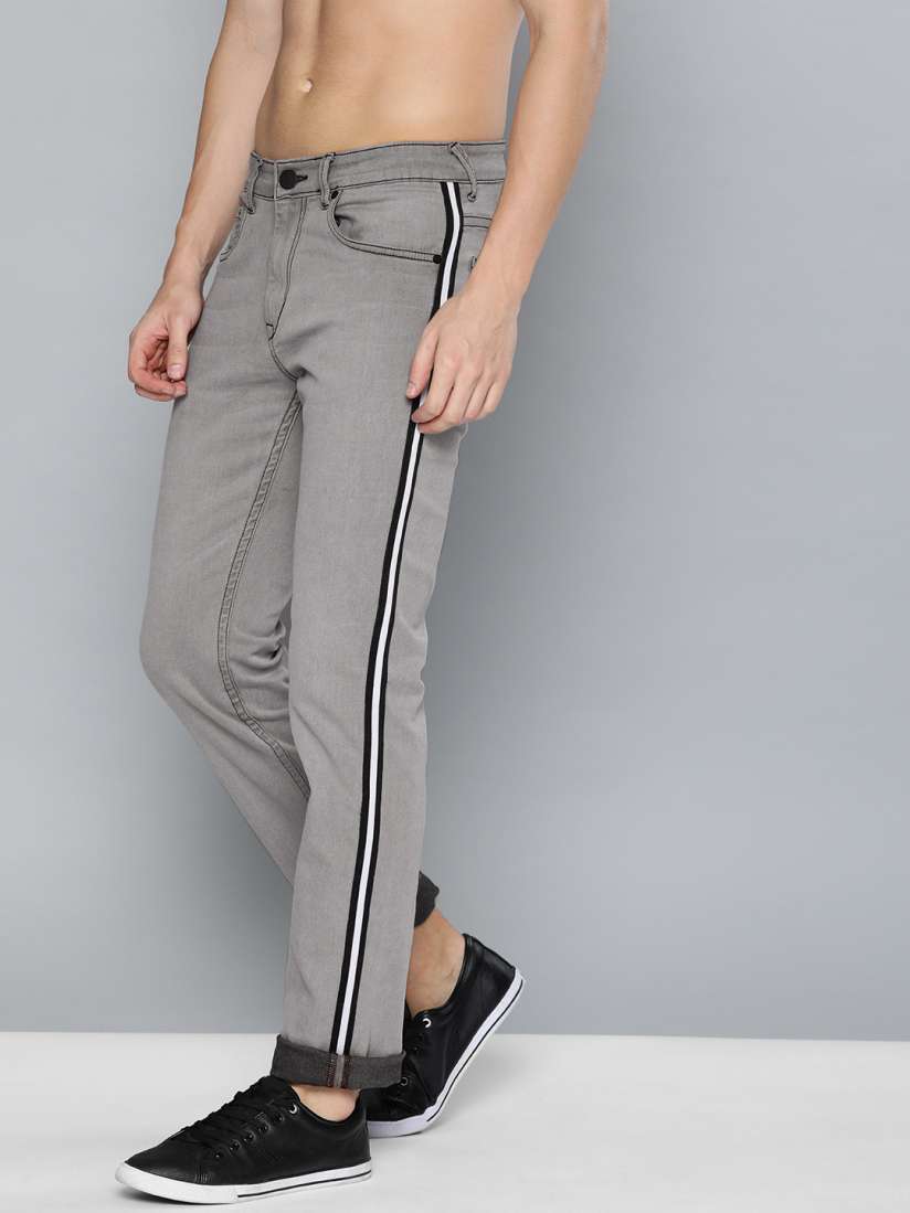 Buy HERE NOW Men Grey Slim Fit Mid Rise Clean Look Side Stripe Detail Stretchable Jeans Jeans for Men 11258910 Myntra